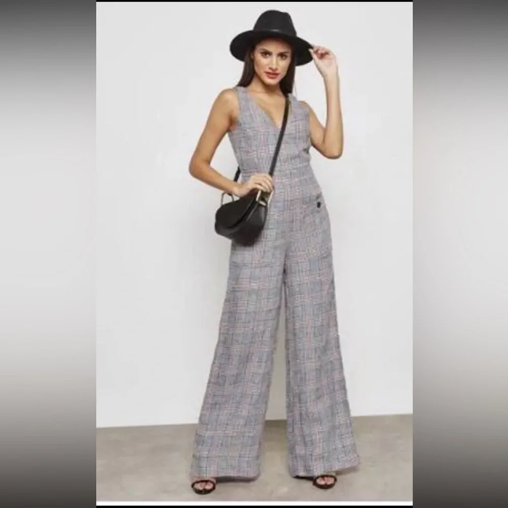 Mango Linen Wide Leg Jumpsuit, Grey Plaid, Size: XS
